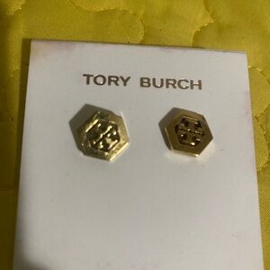 Tory Burch Gold Hexagon Logo Earrings